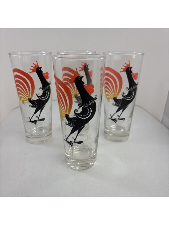 Federal Other - Vintage Set of 4 Rooster On Weathervane Drinking Glasses Barware 5" Tall